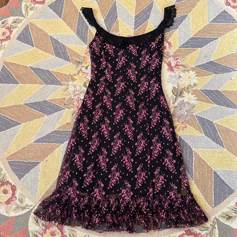 VINTAGE BETSEY JOHNSON HOT PINK LACE MIDI DRESS S M 2 4 6 8 BARBIE 90s Y2K